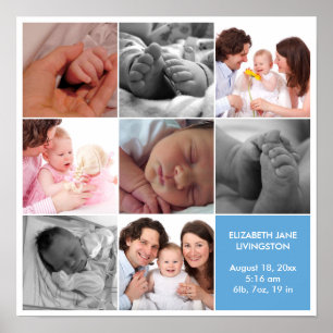 8 baby photo modern collage blue white border poster