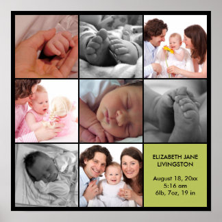 8 baby photo modern collage green black border poster