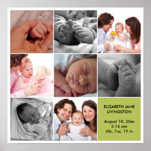 8 baby photo modern collage green white border poster