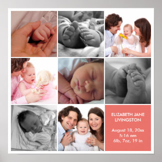 8 baby photo modern collage pink white border poster