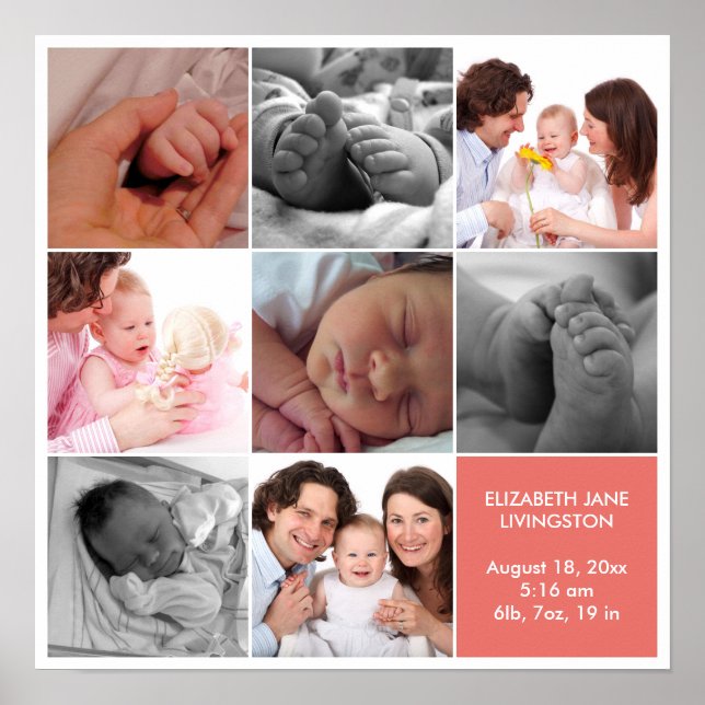 8 baby photo modern collage pink white border poster (Front)