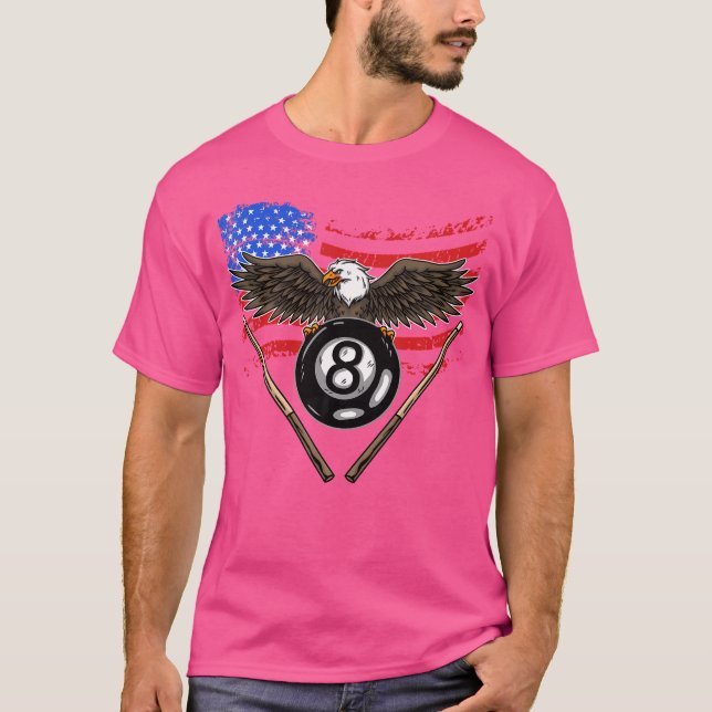 8 Ball Billiard American Flag Pool Player Eagle Bi T-Shirt (Front)