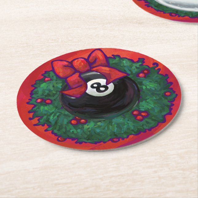 8 Ball Christmas Wreath Round Paper Coaster (Angled)