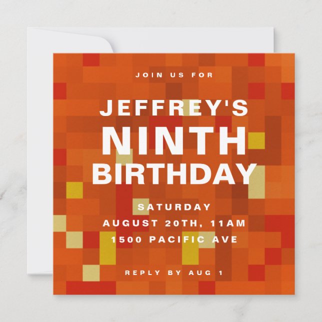 8 Bit Block Orange Kids Birthday Party Invitation (Front)