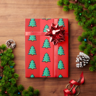 8 bit Christmas Tree Red Green Pixel Art Fun Geeky Wrapping Paper