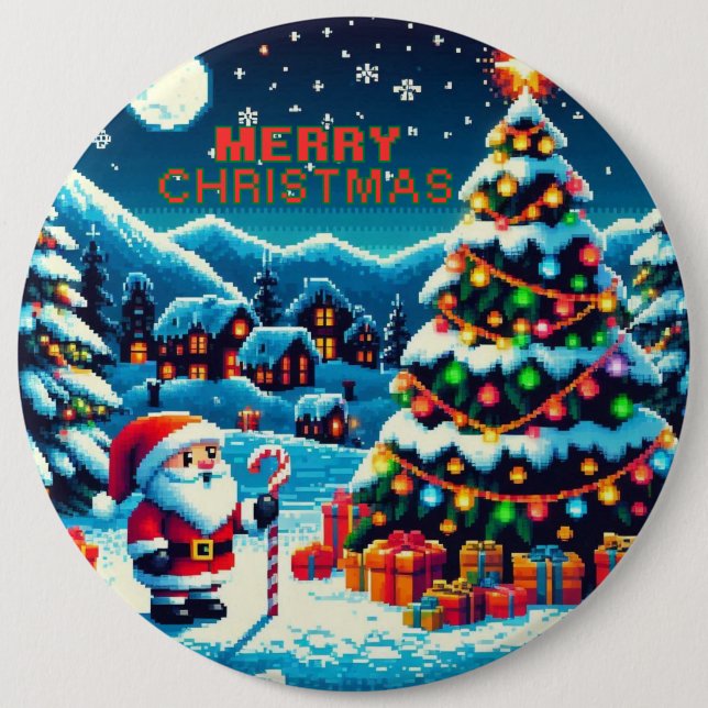 8 bit Christmas tree & Santa 6 Cm Round Badge (Front)