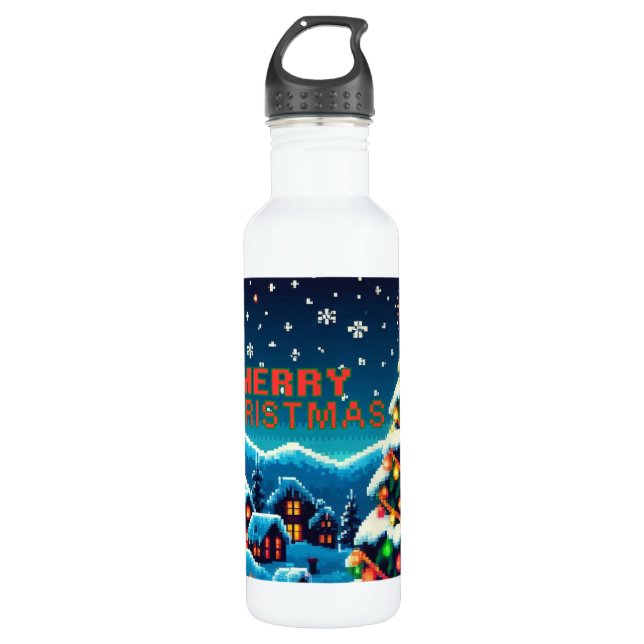 8 bit Christmas tree & Santa 710 Ml Water Bottle (Front)