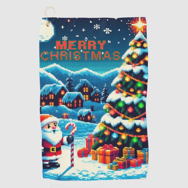 8 bit Christmas tree & Santa Golf Towel (Front)