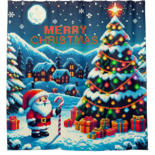 8 bit Christmas tree & Santa Shower Curtain