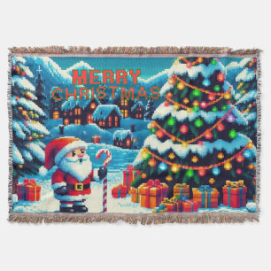 8 bit Christmas tree & Santa Throw Blanket