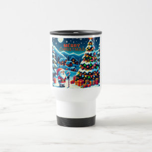 8 bit Christmas tree & Santa Travel Mug