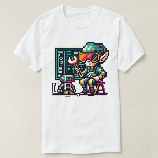 8-Bit Cyberpunk Elf & Robot Retro Pixel Art Design T-Shirt (Design Front)