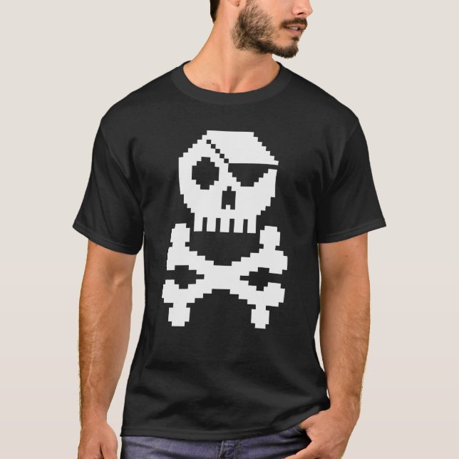 8-Bit Digital Pirate Skull and Crossbones T-Shirt (Front)