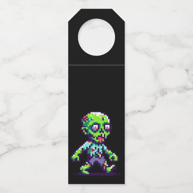 8-bit funny zombie Halloween  Bottle Tag (Front)