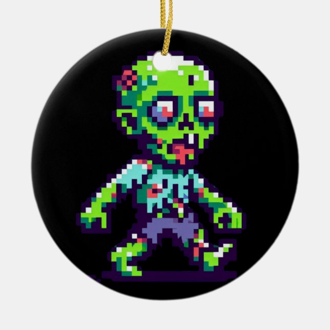 8-bit funny zombie Halloween  Ceramic Tree Decoration (Front)