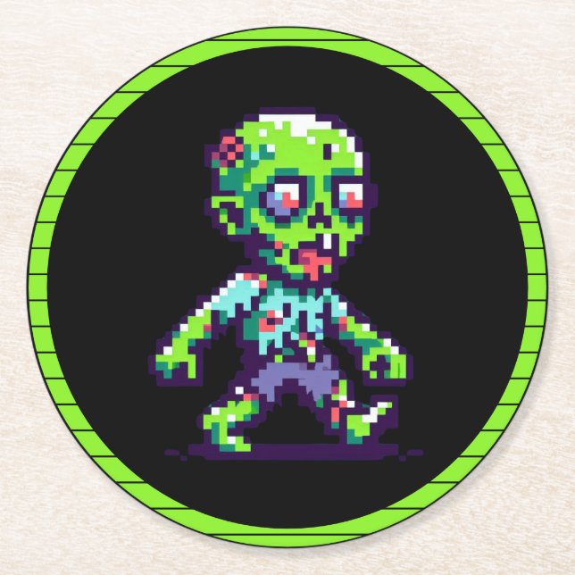 8-bit funny zombie Halloween  Round Paper Coaster (Front)