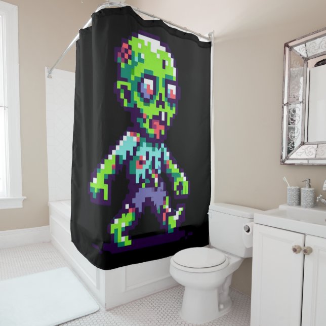 8-bit funny zombie Halloween  Shower Curtain (In Situ)