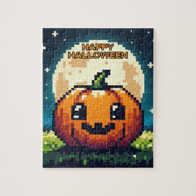 8-bit Halloween pumpkin under the moon Jigsaw Puzzle (Vertical)