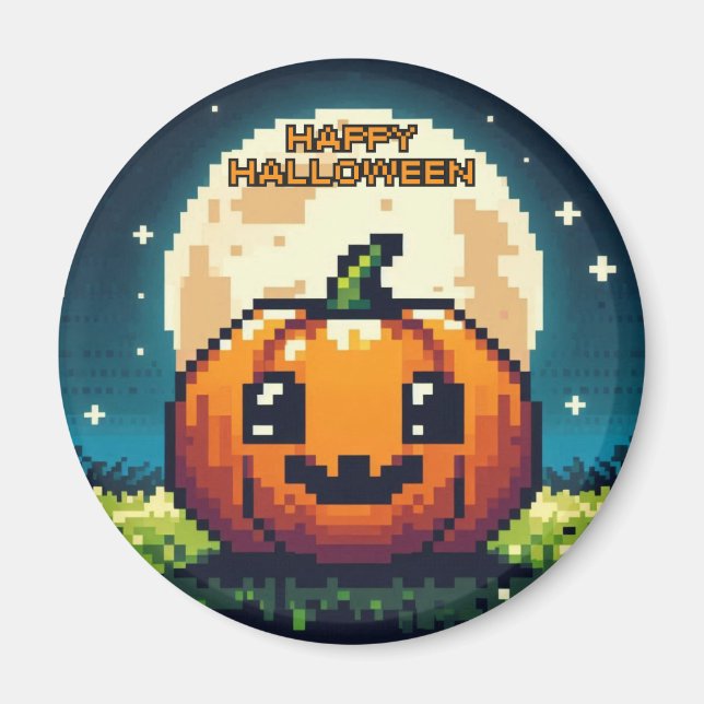 8-bit Halloween pumpkin under the moon Magnet (Front)