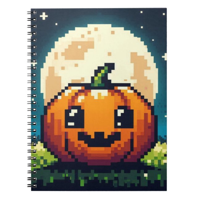 8-bit Halloween pumpkin under the moon Notebook (Front)