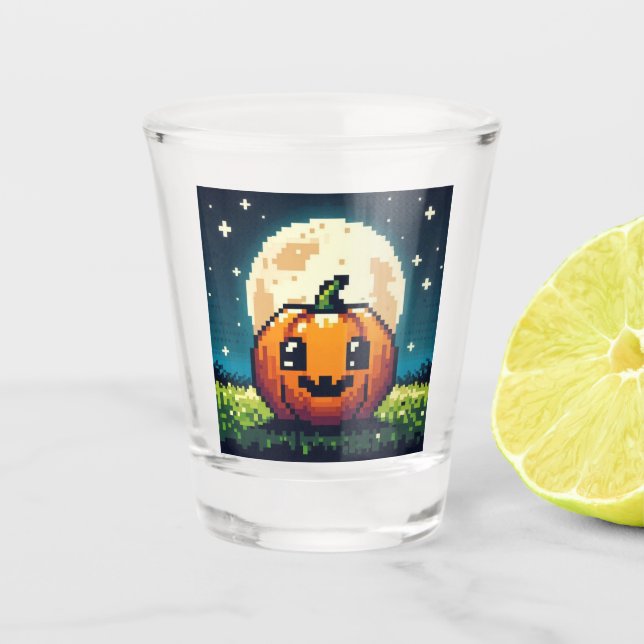 8-bit Halloween pumpkin under the moon Shot Glass (Front)