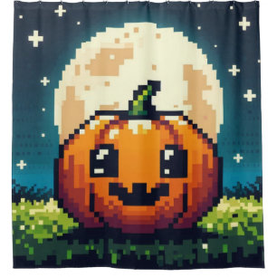 8-bit Halloween pumpkin under the moon Shower Curtain