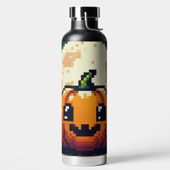 8-bit Halloween pumpkin under the moon Water Bottle (Left)