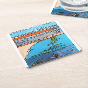 8-Bit Ocean Sunrise Painting by Alfred Fox Square Paper Coaster