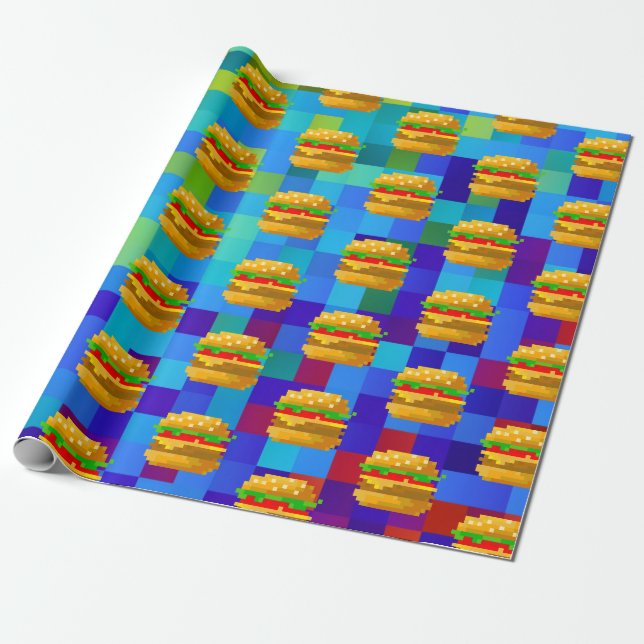 8-bit pixel art burger - colourful fast food wrapp wrapping paper (Unrolled)