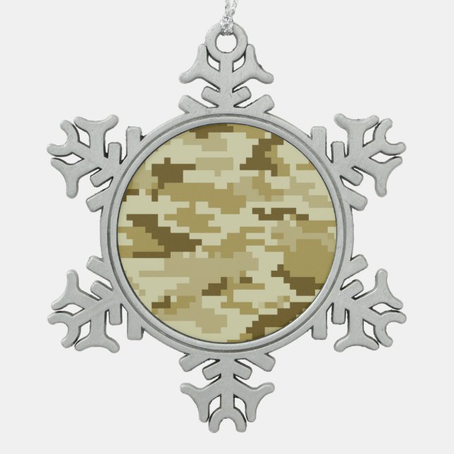 8 Bit Pixel Digital Desert Camouflage / Camo Snowflake Pewter Christmas Ornament (Front)