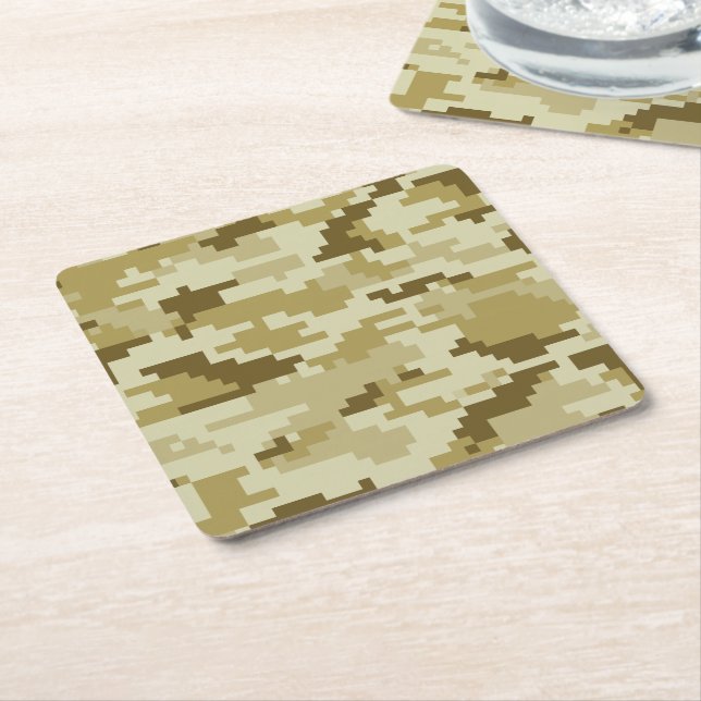 8 Bit Pixel Digital Desert Camouflage / Camo Square Paper Coaster (Angled)