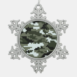 8 Bit Pixel Digital Urban Camouflage / Camo Snowflake Pewter Christmas Ornament