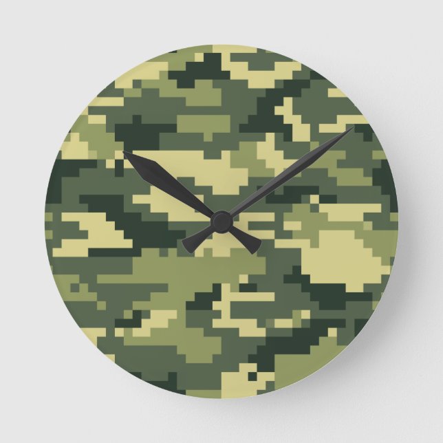 8 Bit Pixel Digital Woodland Camouflage / Camo Round Clock (Front)