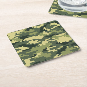 8 Bit Pixel Digital Woodland Camouflage / Camo Square Paper Coaster