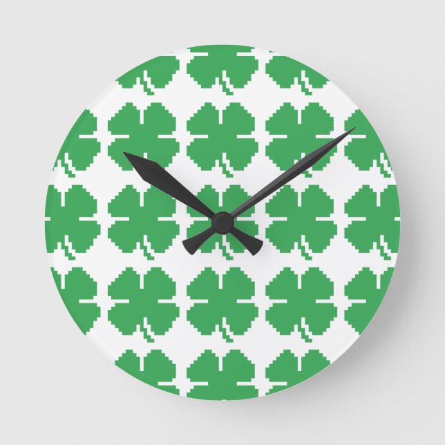 8 Bit Pixel Lucky Four Leaf Clover Round Clock (Front)