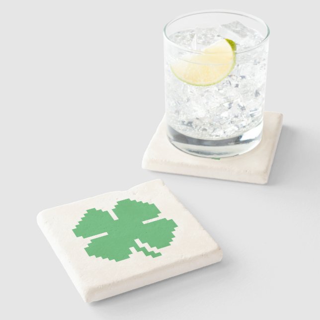 8 Bit Pixel Lucky Four Leaf Clover Stone Coaster (Side)