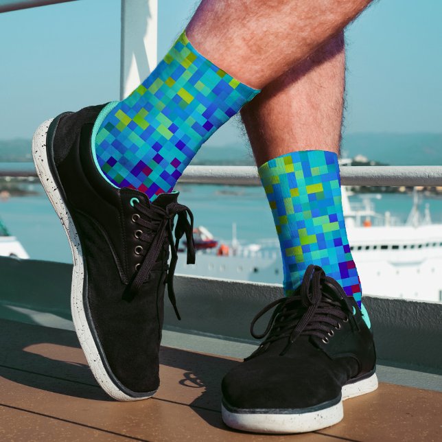   8-bit Pixel Pattern Abstract Cool Geeky Blue Red Socks (Creator Uploaded)