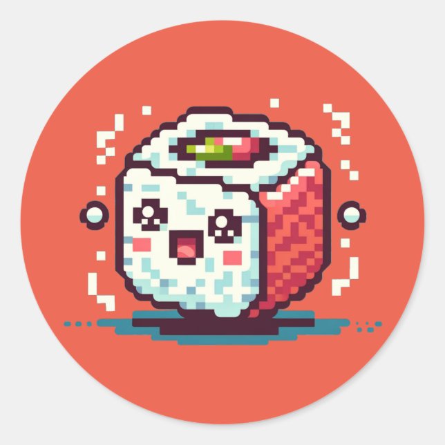 8-Bit Pixel Sushi Roll with Happy Face Classic Round Sticker (Front)