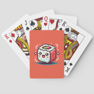 8-Bit Pixel Sushi Roll with Happy Face Playing Cards