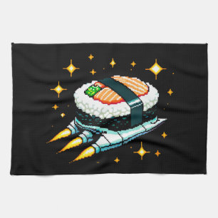 8-Bit Space Sushi Adventure - Cosmic Cuisine Art Tea Towel
