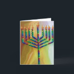 8 Days Of chanukah Holiday Card<br><div class="desc">A beautiful Chanukah (Hanukkah) card with matching postage stamps and envelope. A brightly coloured menorah with green, blue, yellow and bright pink candles against a golden background.</div>