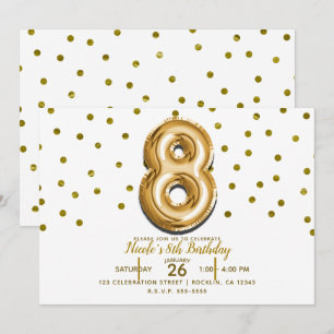 8 Eight Gold Balloon Confetti 8th Birthday Party Invitation