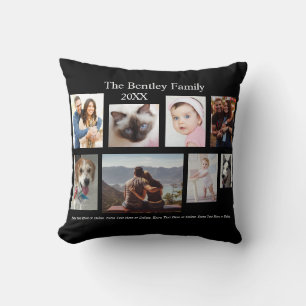 8 Family Photos, DIY Name & Year, Black Cushion