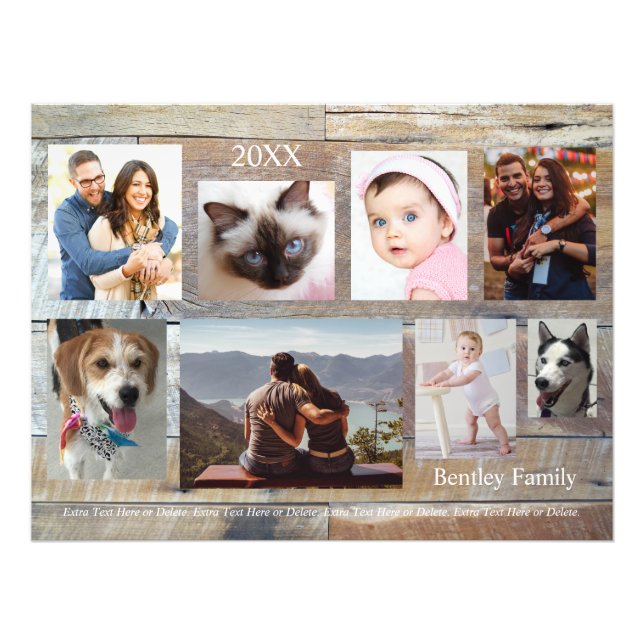 8 Family Photos, Wood Grain, DIY Name & Year Photo Print (Front)