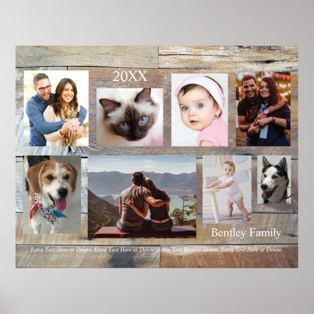 8 Family Photos, Wood Grain, DIY Name & Year Poster (Front)
