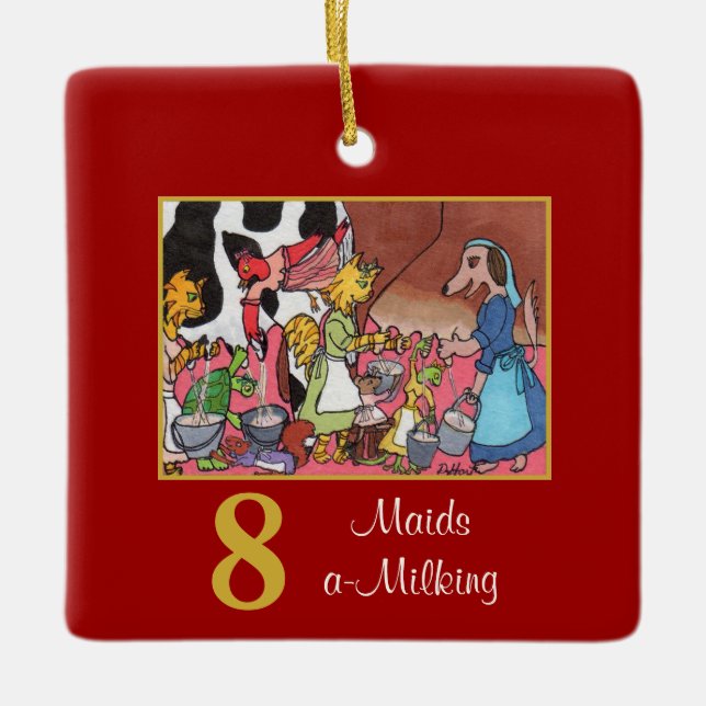 8 Maids a-Milking Cute Animals & Typography Ceramic Ornament (Front)