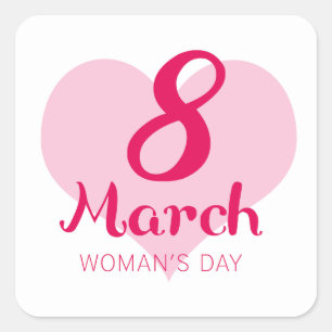 8 March Pink Heart Women's Day Square Sticker