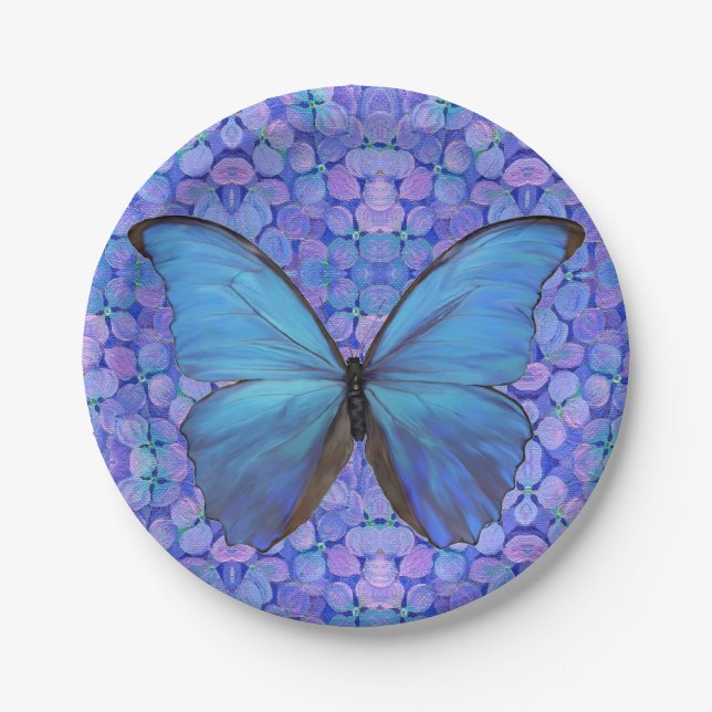8 Paper Plates Blue Butterfly/Hydrangeas (Front)
