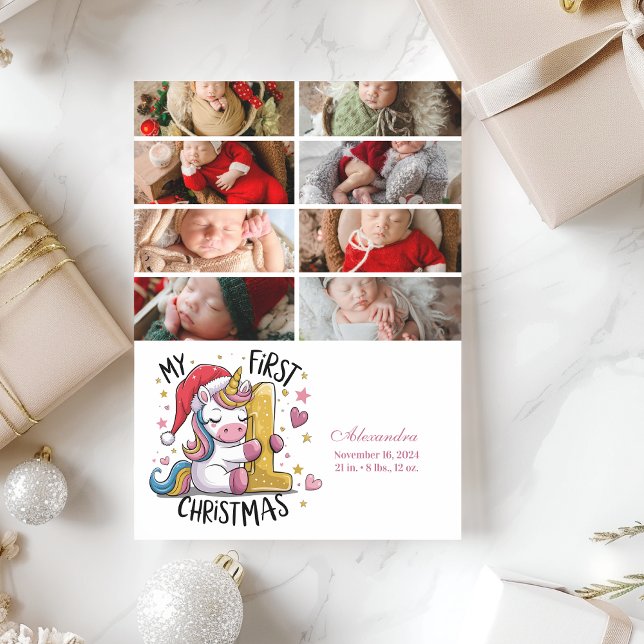 8 Photo 1st Baby Christmas Pink Gold Unicorn Holiday Card (Creator Uploaded)