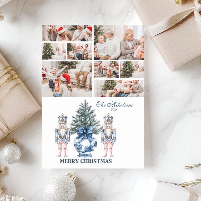 8 Photo Blue Chinoiserie Nutcracker Christmas Holiday Card (Creator Uploaded)